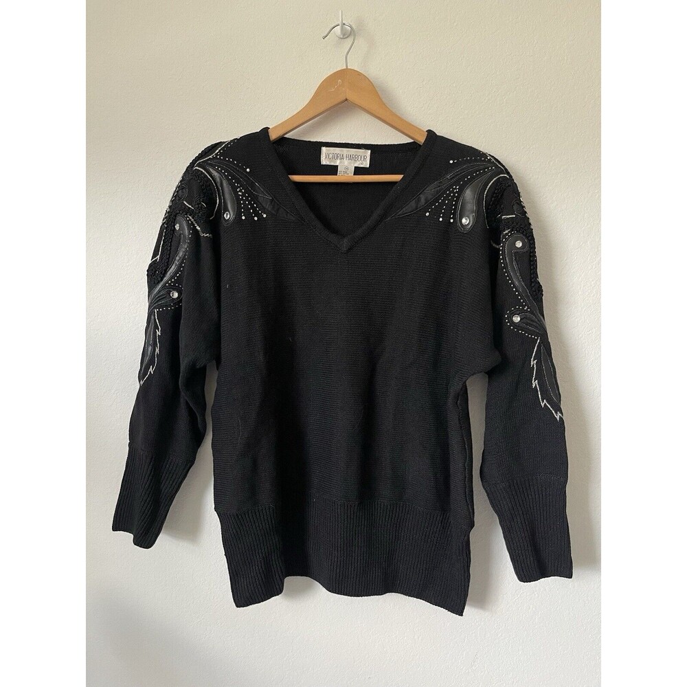 Victoria Harbour Vintage Sweater‎ Sz M Faux Leather Sequin Beaded Black Shoulder